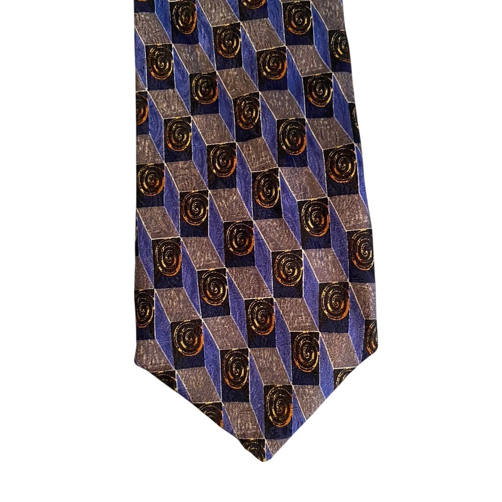 Mulberry Mens Silk Tie Blue Grey Geometric 3D Cube Spiral Hand Sewn Italy 3.75"